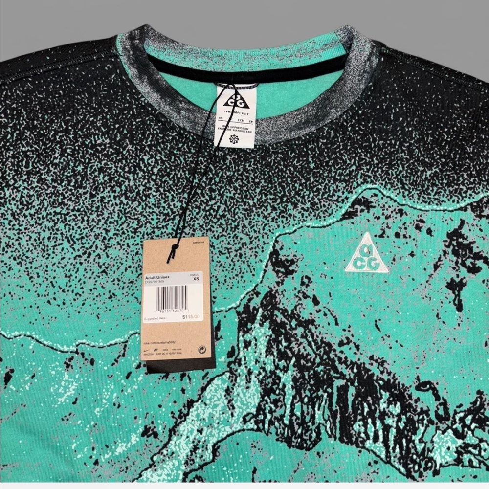 Nike ACG Therma Fit oversized All over print fleece crewneck ‘Light Menta’ NWT. - Picture 3 of 12